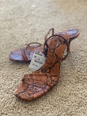 NWT Zara Snake-Print Strappy Heels